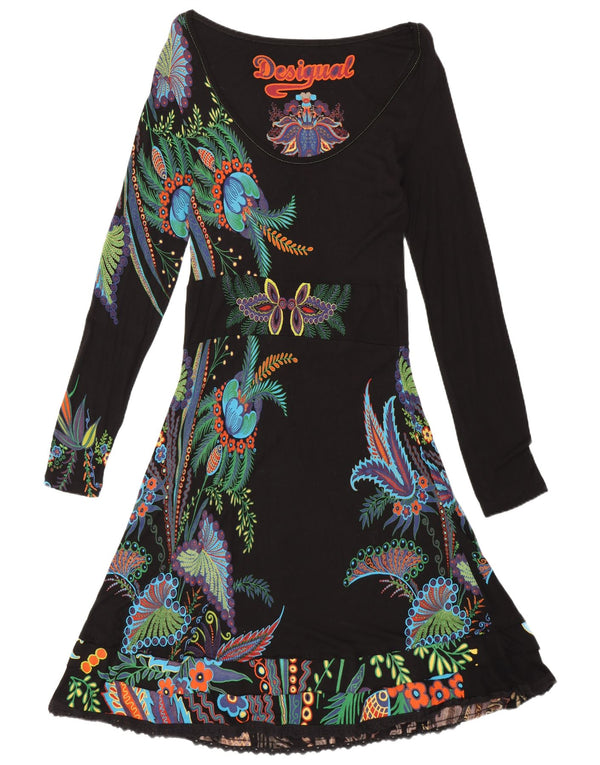 Desigual Womens Long Sleeve Empire Dress UK 12 Medium Black Floral Bohemian