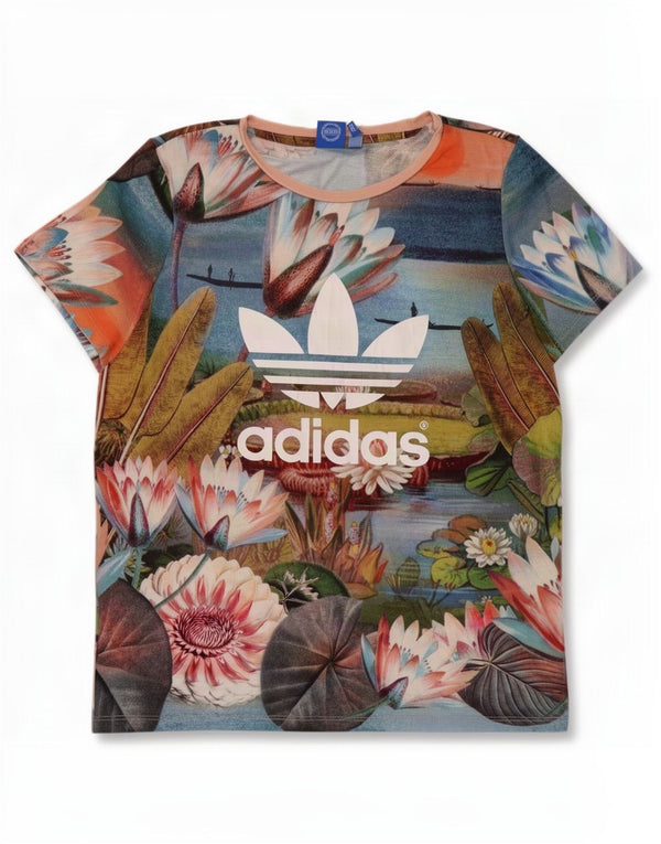 Damska koszulka graficzna Adidas Top UK 12 Średnia, wielobarwna, w kwiaty