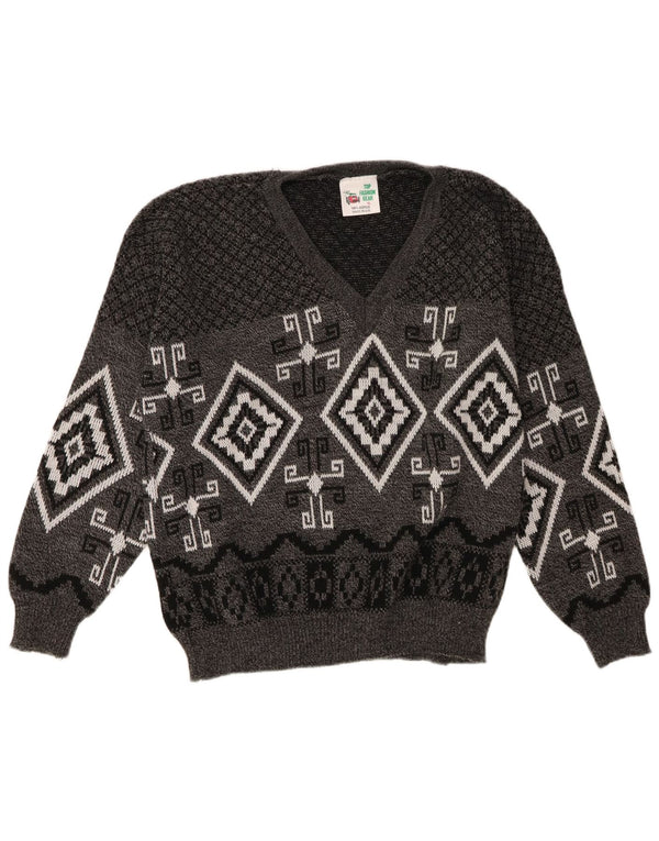 Vintage męski sweter z dekoltem w kształcie litery V, XL, szary, geometryczny akryl