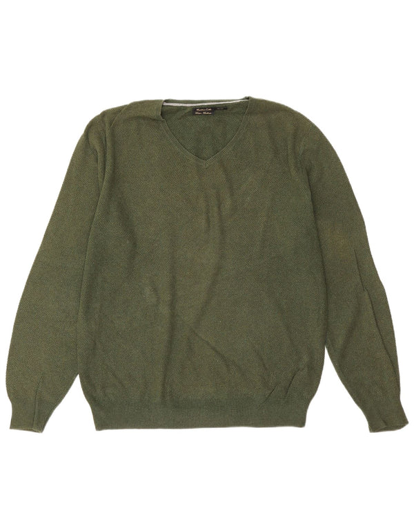 Męski sweter Massimo Dutti z dekoltem w kształcie litery V, duży, zielony, bawełniany