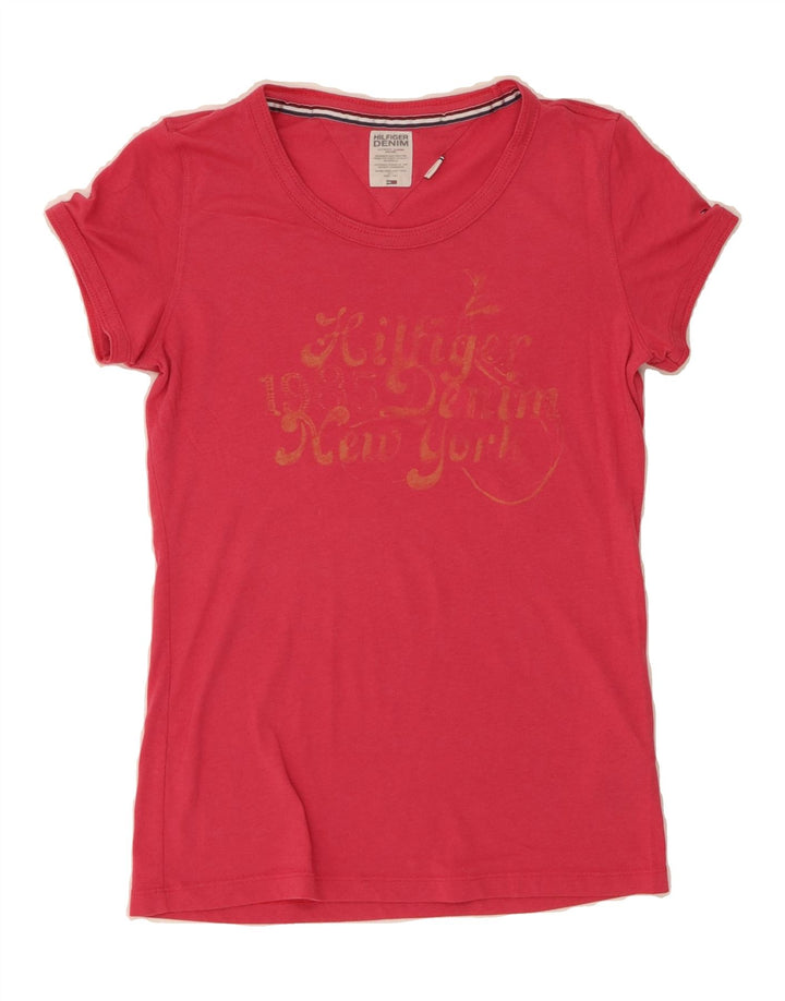 TOMMY HILFIGER Womens Graphic T-Shirt Top UK 12 Medium Pink Polyester Vintage Tommy Hilfiger and Second-Hand Tommy Hilfiger from Messina Hembry 