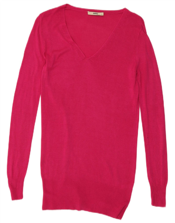 OASIS Womens Longline V-Neck Jumper Sweater UK 12 Medium Pink Viscose