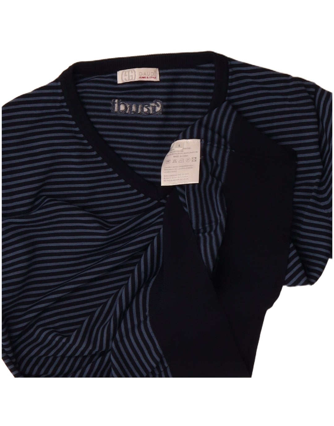GAUDI Mens V-Neck Jumper Sweater Large Navy Blue Striped Viscose
