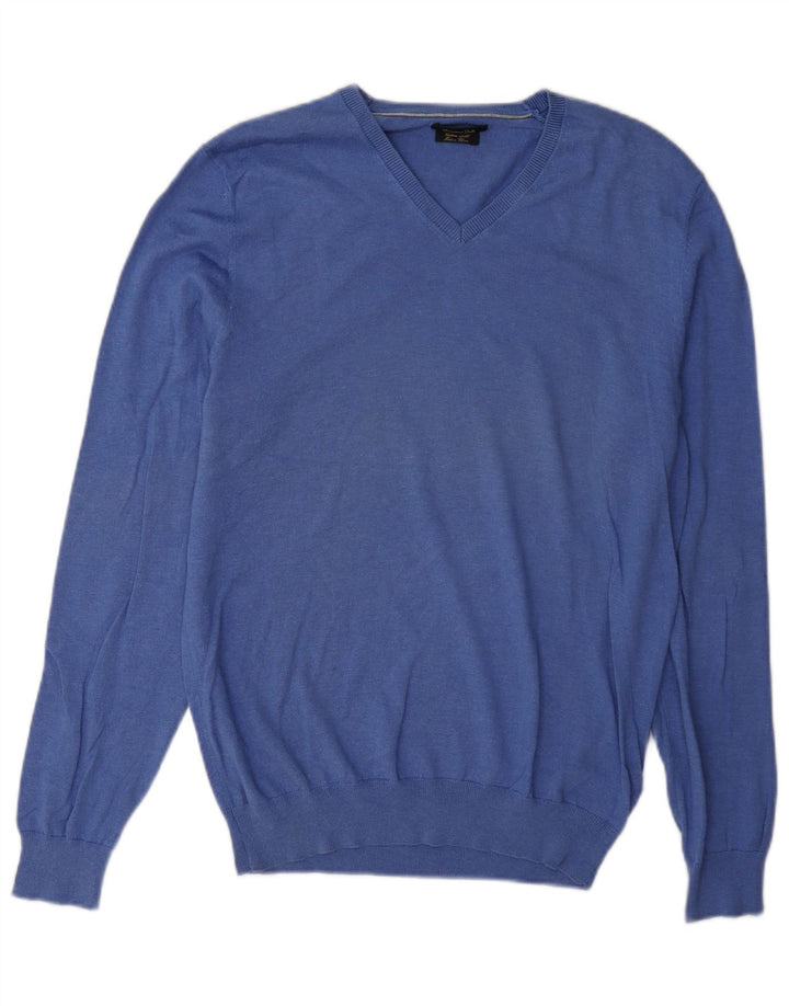 Męski sweter Massimo Dutti z dekoltem w kształcie litery V, średnioniebieski, bawełniany