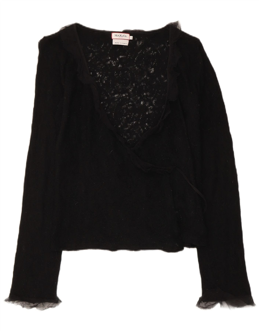 Max & Co. Damski sweter o kopertowym kroju, UK 14, duży, czarny, z dziewiczej wełny