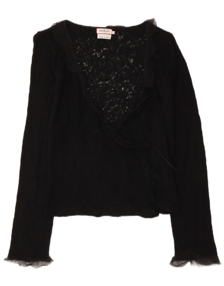 Max & Co. Damski sweter o kopertowym kroju, UK 14, duży, czarny, z dziewiczej wełny