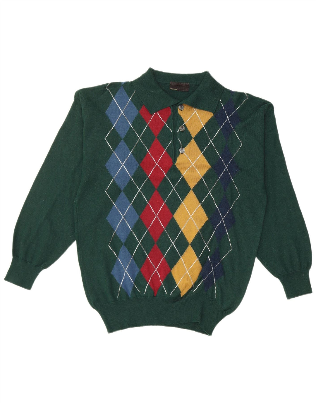 Męski sweter z dekoltem w stylu VINTAGE, mały, zielony, argyle/diamentowa wełna