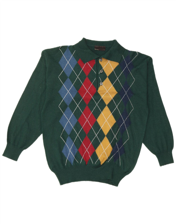 Męski sweter z dekoltem w stylu VINTAGE, mały, zielony, argyle/diamentowa wełna