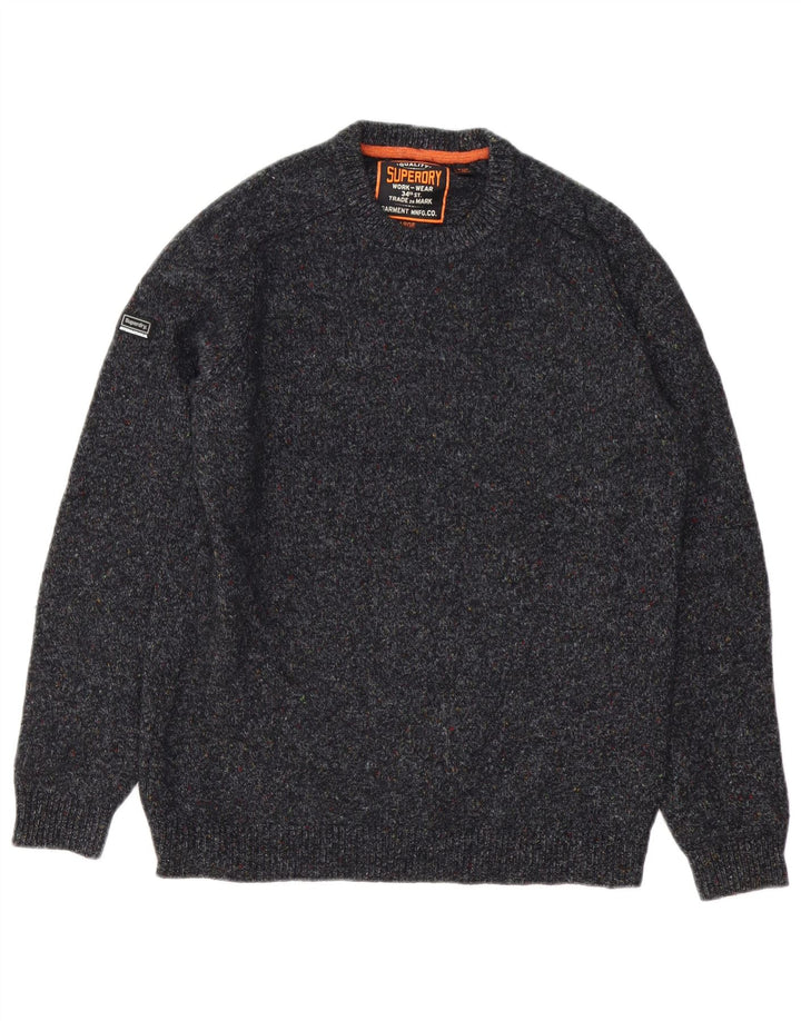 Męski sweter Superdry z okrągłym dekoltem, duży, szary, wełniany w cętki
