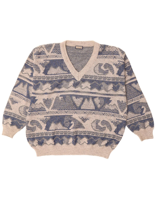 Męski sweter typu casual Land z dekoltem w szpic IT 56 XL, niebieska, geometryczna bawełna