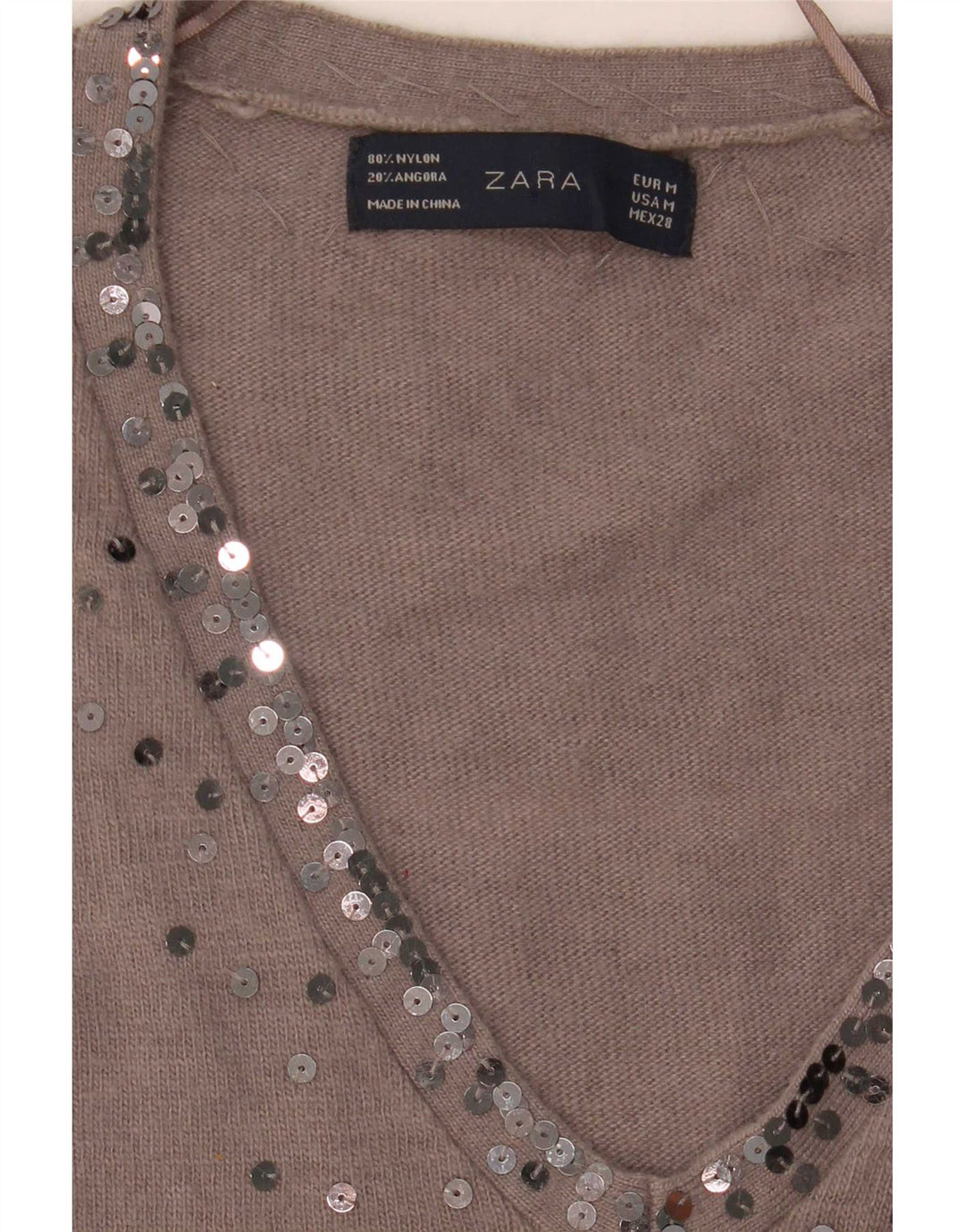 Sweter damski Zara z dekoltem w kształcie litery V, UK 14, średni brąz