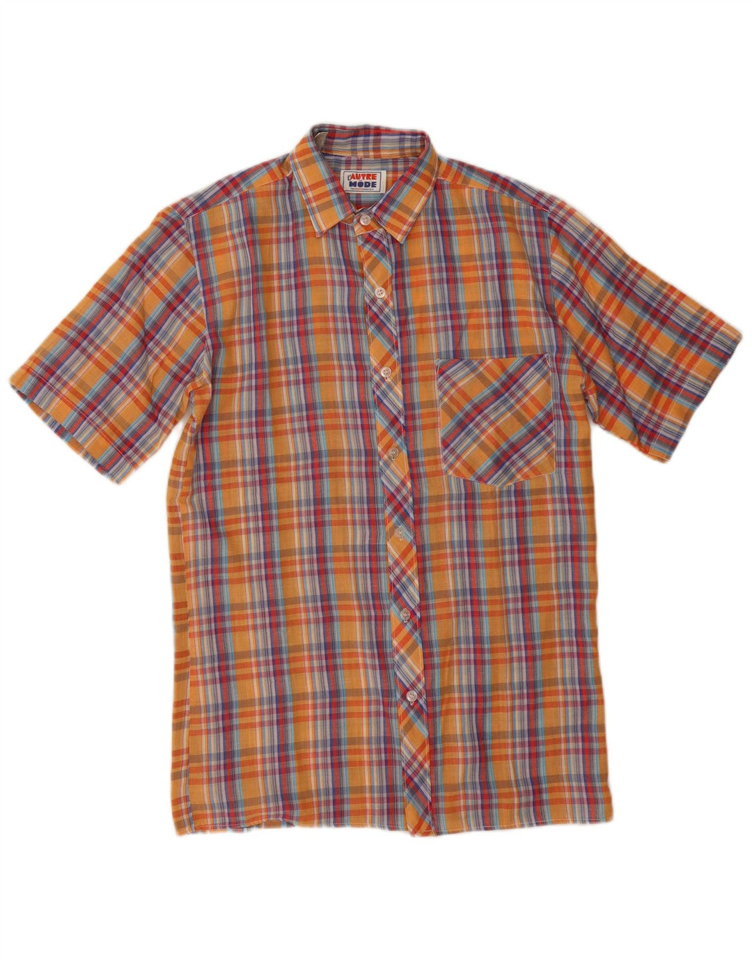 Vintage męska koszula z krótkim rękawem, mała pomarańczowa kratka, poliester