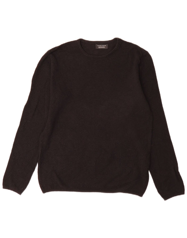 Zara Męski sweter z okrągłym dekoltem, duży, czarny, bawełniany