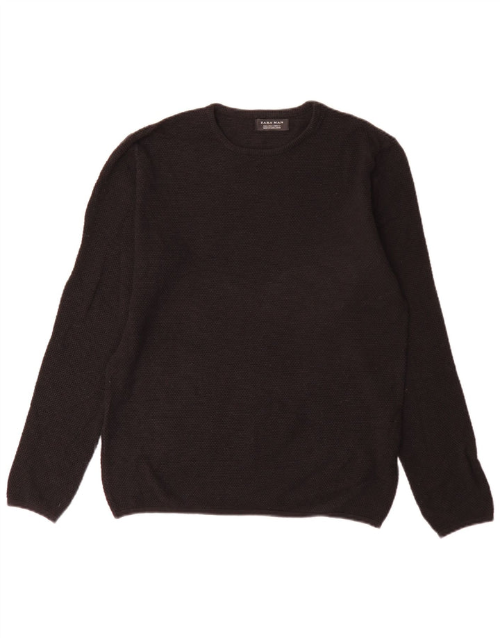 Zara Męski sweter z okrągłym dekoltem, duży, czarny, bawełniany