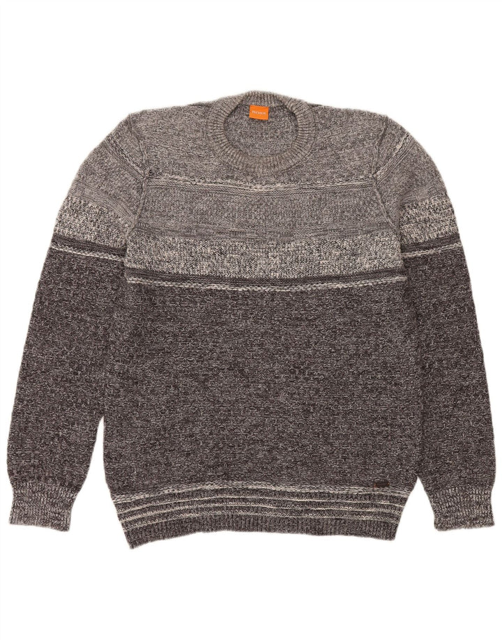 Męski sweter z okrągłym dekoltem Hugo Boss, duży, szary, bawełniany
