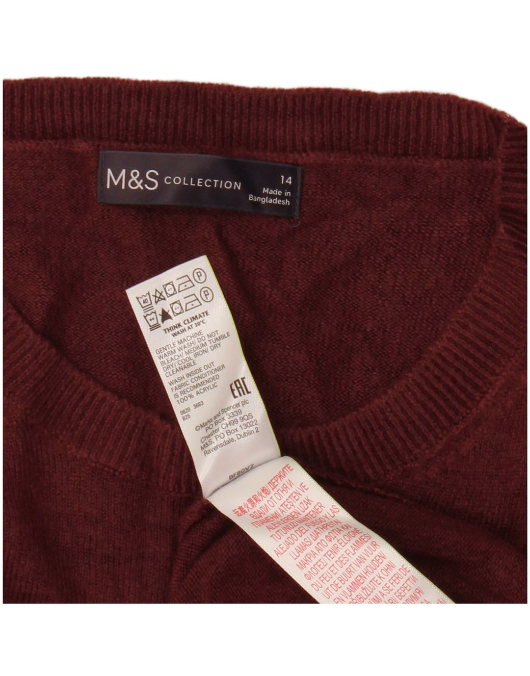 MARKS & SPENCER Damski sweter z okrągłym dekoltem UK 14, duży bordowy akryl