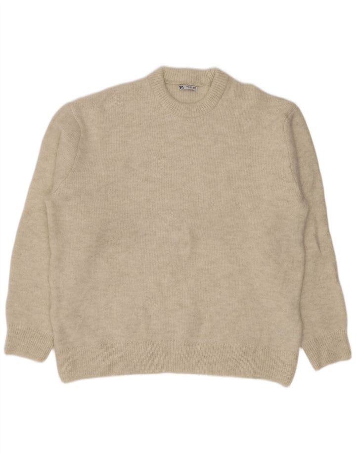 Męski sweter ZARA z okrągłym dekoltem, duży, beżowy, akrylowy