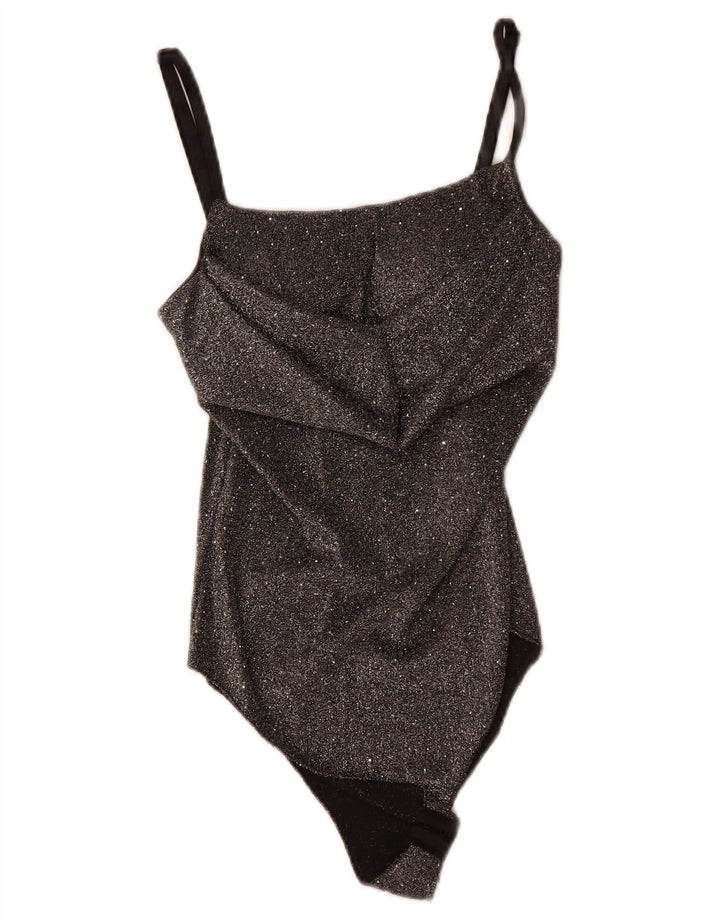 Vintage damskie body bez rękawów UK 8, małe, czarne, nakrapiane poliester