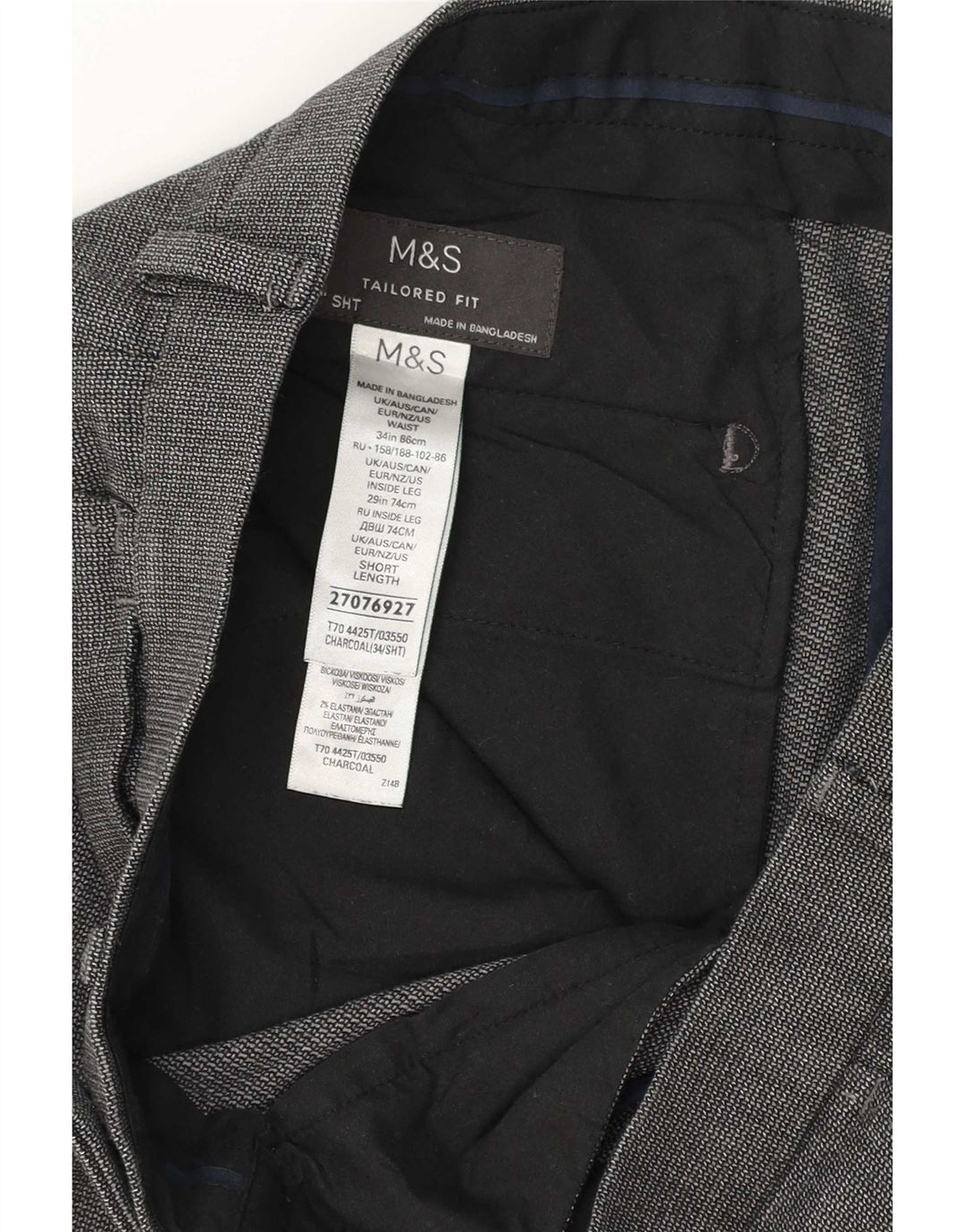 Marks & Spencer Męskie dopasowane spodnie garniturowe W34 L28 Szary poliester