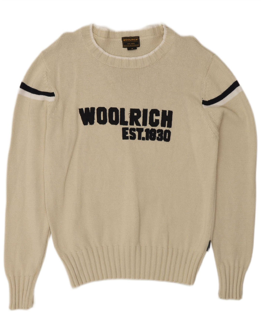 Męski sweter Woolrich z graficznym dekoltem w łódkę, w średnie białe paski