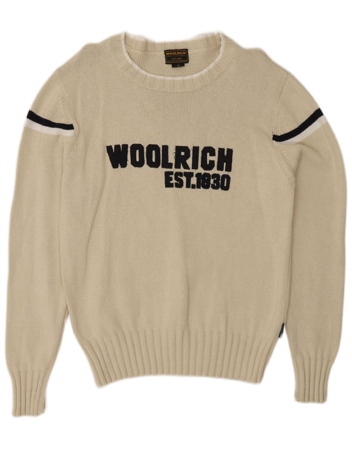 Męski sweter Woolrich z graficznym dekoltem w łódkę, w średnie białe paski