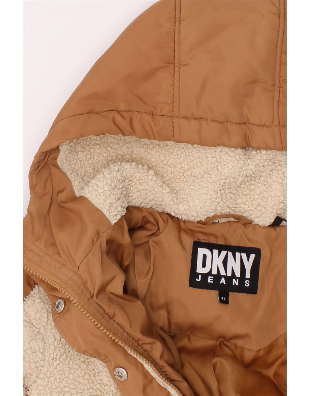 Dkny Dziewczęca wyściełana kurtka z kapturem, 5-6 lat, brązowy poliester w blokach kolorów