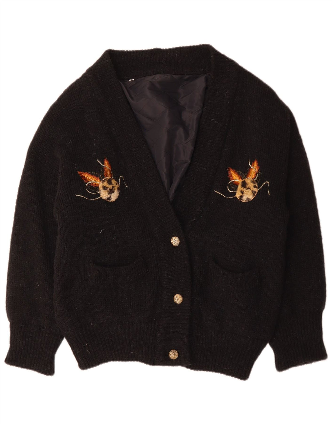 Vintage damski sweter oversize z grafiką UK 14, średni czarny