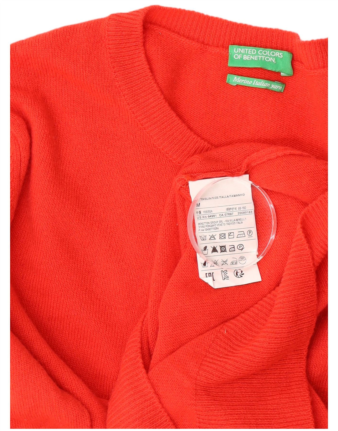 Damski sweter z wycięciem pod szyją Benetton UK 12 Średniej czerwonej wełny dziewiczej