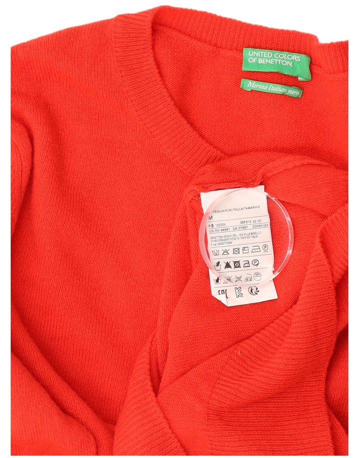 Damski sweter z wycięciem pod szyją Benetton UK 12 Średniej czerwonej wełny dziewiczej