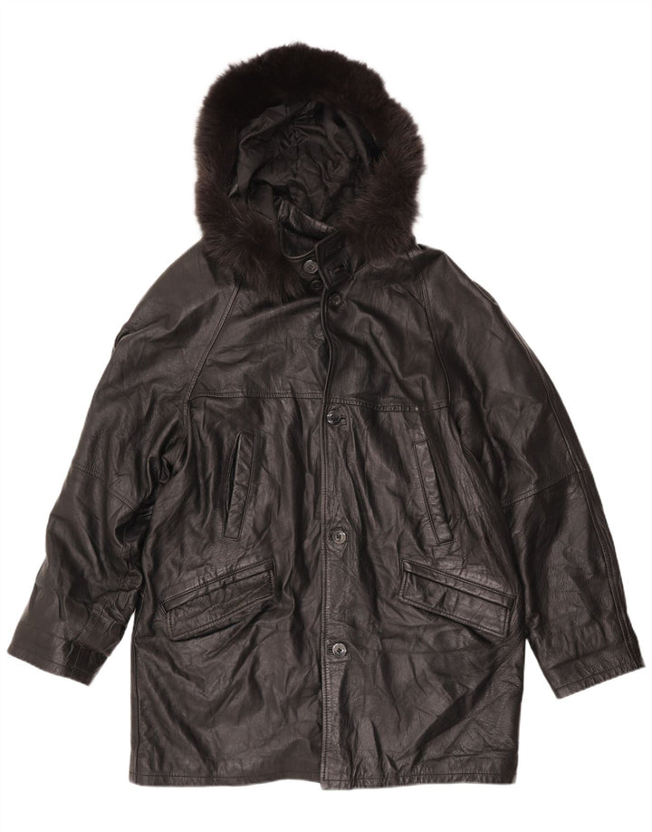 Vintage damski, luźny, skórzany płaszcz z kapturem, UK 18 XL, czarna skóra