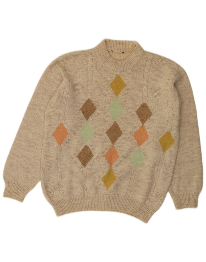 Męski sweter z okrągłym dekoltem w stylu vintage, średnio beżowy Argyle/Diament