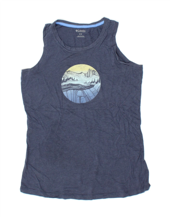 COLUMBIA Womens Graphic Vest Top UK 12 Medium Navy Blue Cotton Vintage Columbia and Second-Hand Columbia from Messina Hembry 