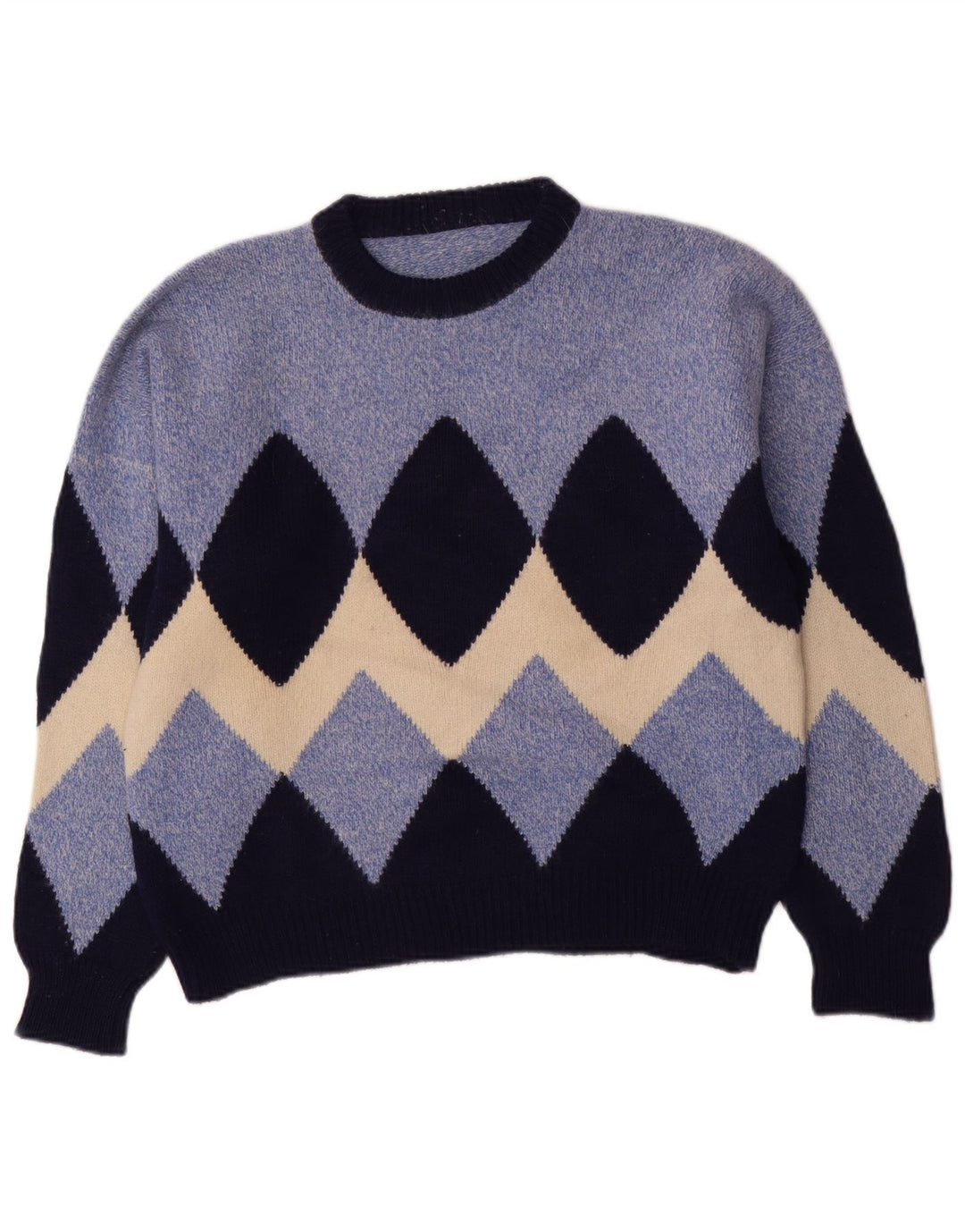 Vintage męski sweter z okrągłym dekoltem, mały niebieski Argyle/diament