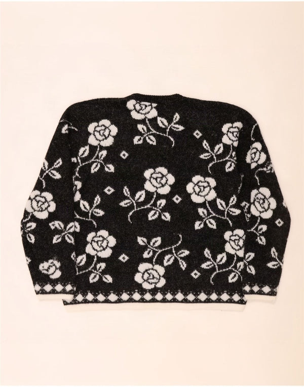 Sweter damski w stylu vintage z okrągłym dekoltem UK 20 2XL, czarny w kwiaty