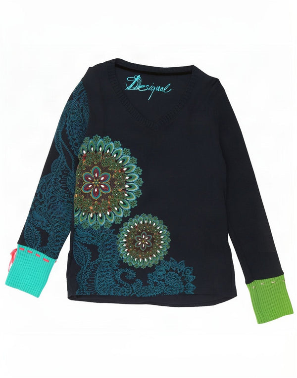 Desigual damski top graficzny z długim rękawem, UK 18 XL, granatowy, bawełniany w kwiaty
