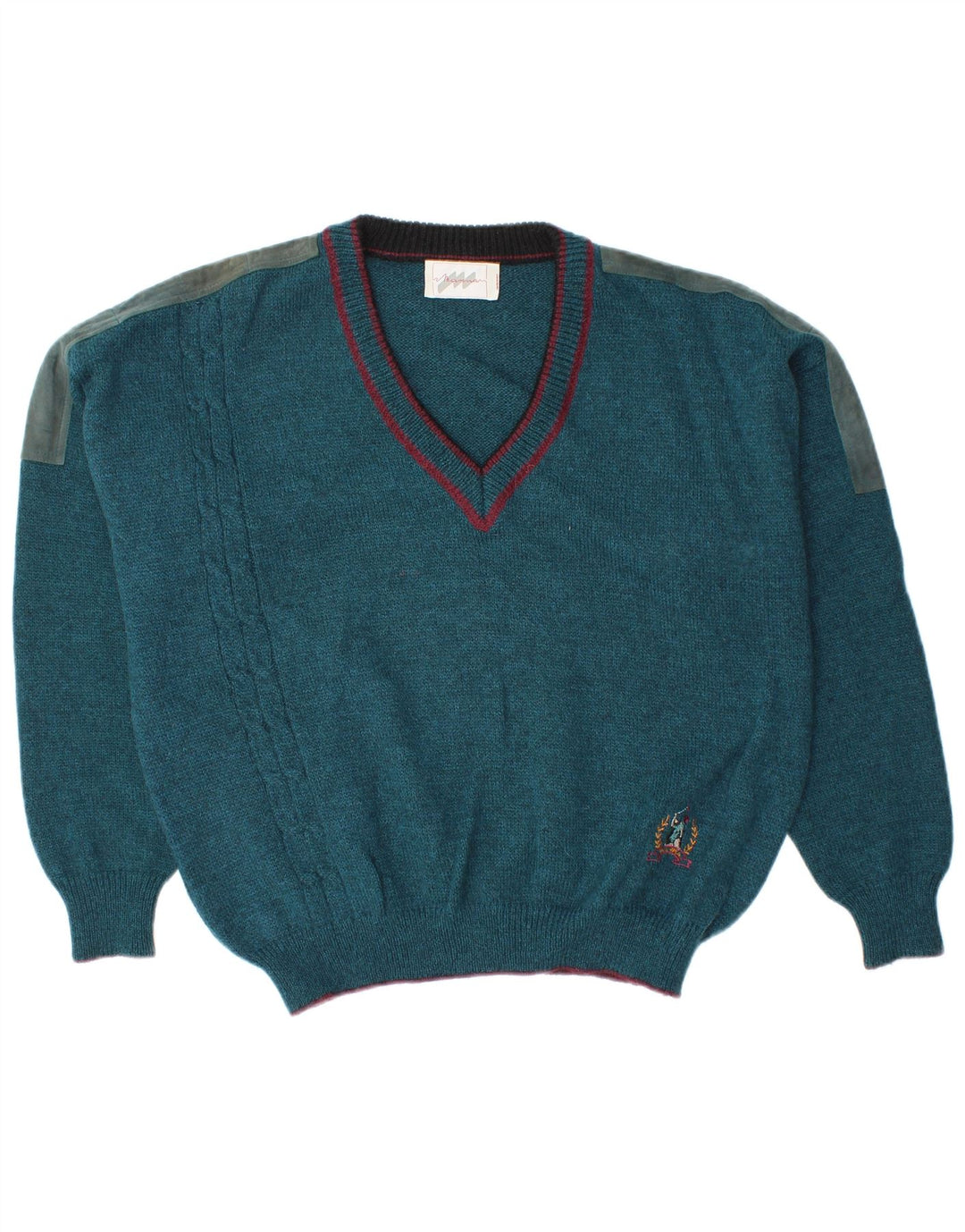 Vintage męski sweter z dekoltem w kształcie litery V, duży, niebieski, wełniany blok kolorów