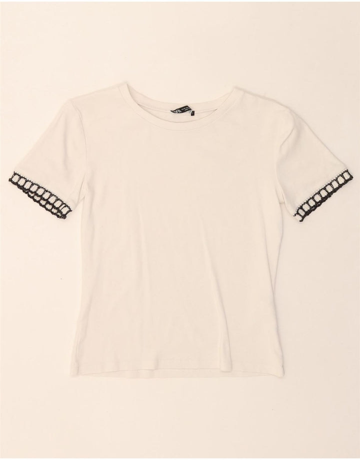 ZARA Womens Crop T-Shirt Top UK 12 Medium White Cotton Vintage Zara and Second-Hand Zara from Messina Hembry 