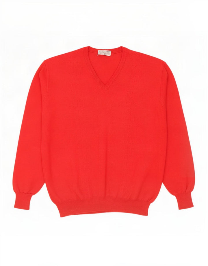 Męski sweter w stylu vintage z dekoltem w szpic, duży, z czerwonej wełny dziewiczej