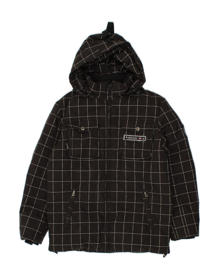 GEOX Boys Hooded Rain Jacket 11-12 Years Black Check Polyester Vintage Geox and Second-Hand Geox from Messina Hembry 