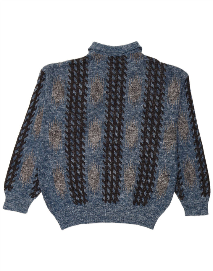 Męski sweter z golfem w stylu vintage, średnioniebieski, geometryczny