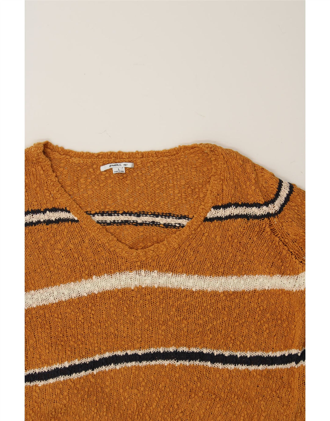 O'NEILL Womens Oversized V-Neck Jumper Sweater UK 16 Large Brown Striped Vintage O'Neill and Second-Hand O'Neill from Messina Hembry 