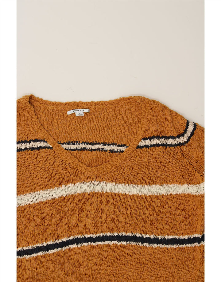 O'NEILL Womens Oversized V-Neck Jumper Sweater UK 16 Large Brown Striped Vintage O'Neill and Second-Hand O'Neill from Messina Hembry 