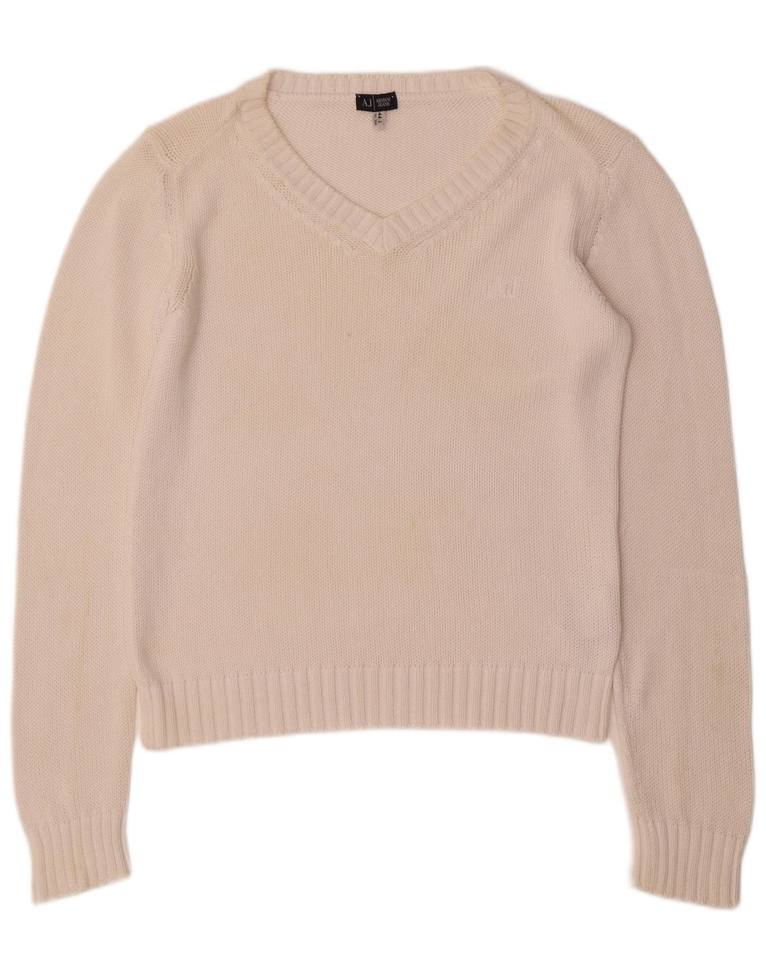 ARMANI JEANS Damski sweter z dekoltem w kształcie litery V, UK 16, duży, biały, bawełniany