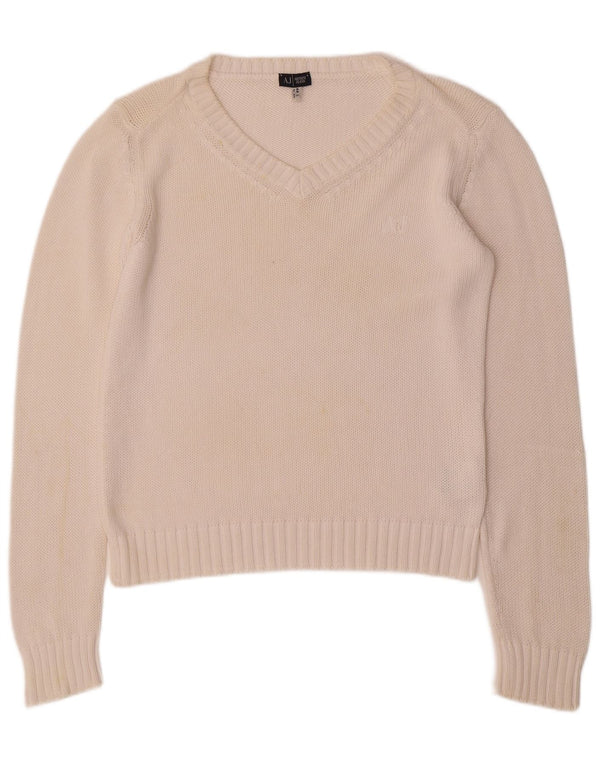ARMANI JEANS Damski sweter z dekoltem w kształcie litery V, UK 16, duży, biały, bawełniany