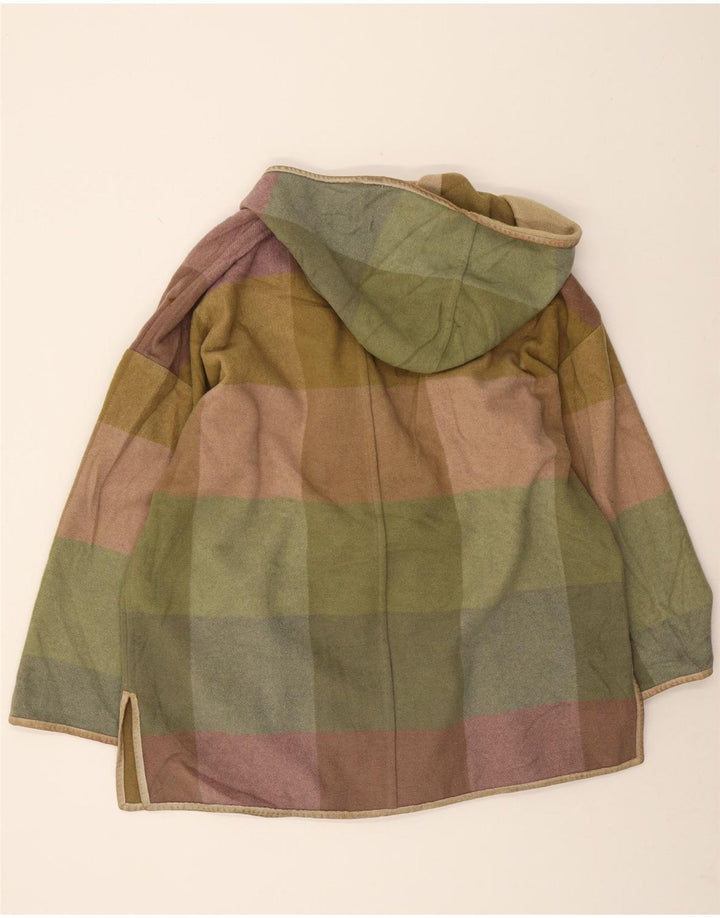 Vintage damski płaszcz z kapturem, oversize IT 42, wełna w kratkę w kolorze khaki