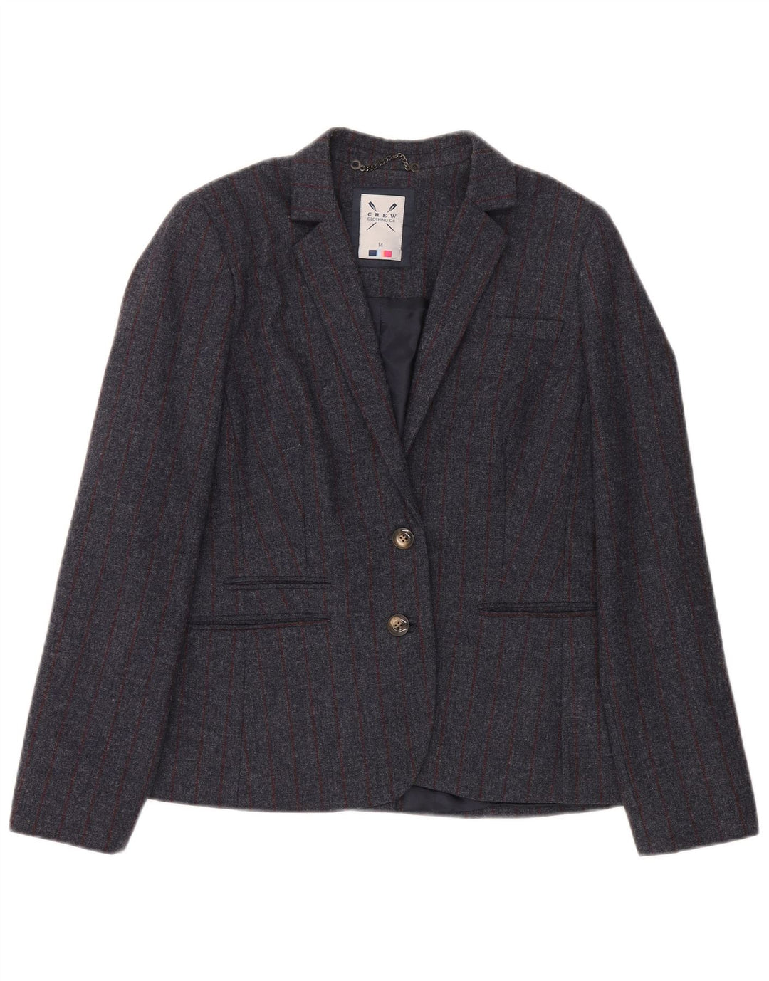 Crew Clothing Damska marynarka zapinana na 2 guziki UK 14, duża, szara, wełniana w prążki