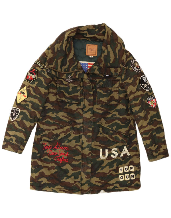 Vintage damski płaszcz oversize z grafiką UK 10, mały kamuflaż khaki