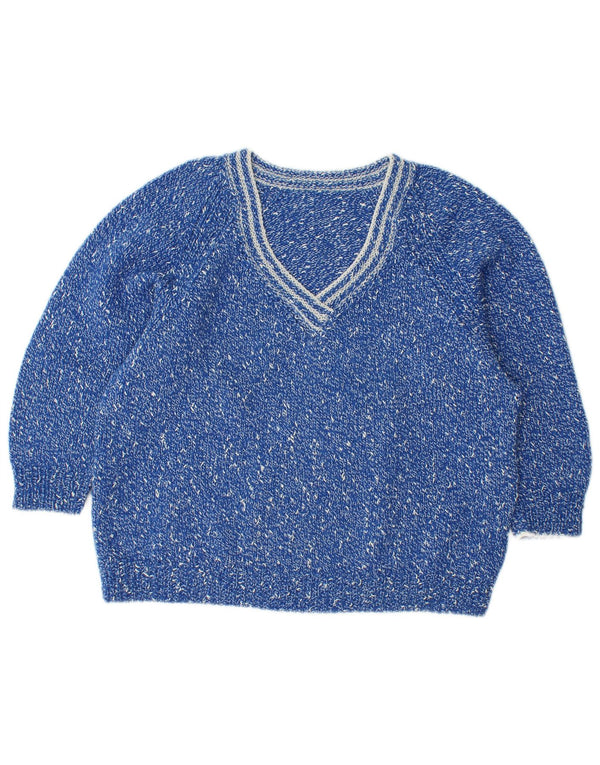 VINTAGE damski sweter o luźnym kroju z dekoltem w kształcie litery V, UK 14, średni niebieski nakrapiany