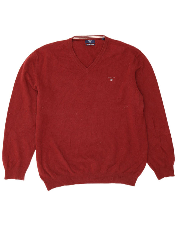 Męski sweter Gant z dekoltem w kształcie litery V, 3XL, bordowa wełna z merynosów
