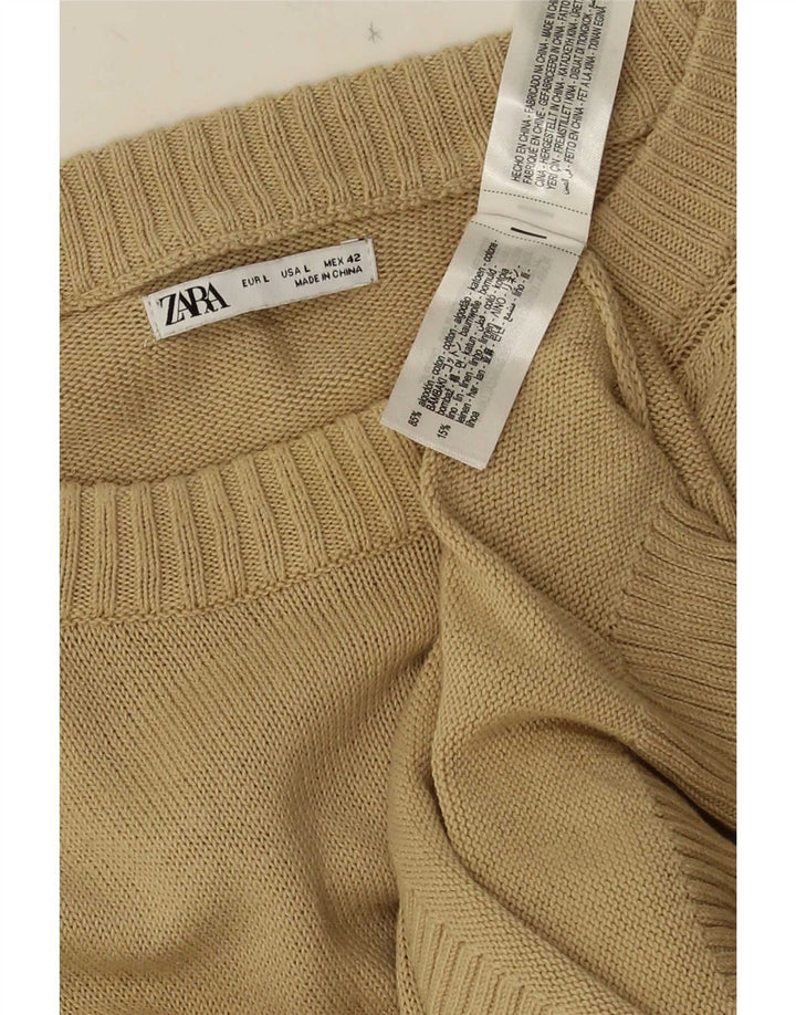 Męski sweter Zara z okrągłym dekoltem, duży, beżowy, bawełniany
